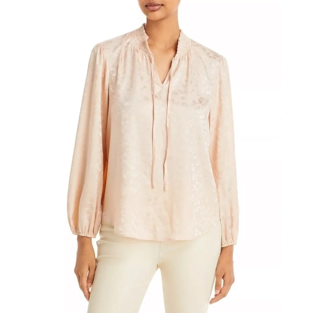 Chenault Smocked Tie Neck Jacquard Top L NWT